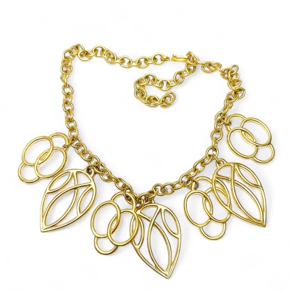 Vintage Monet Signed Geometric Large Charm Chain Collar Necklace Goldtone - Picture 1 of 4